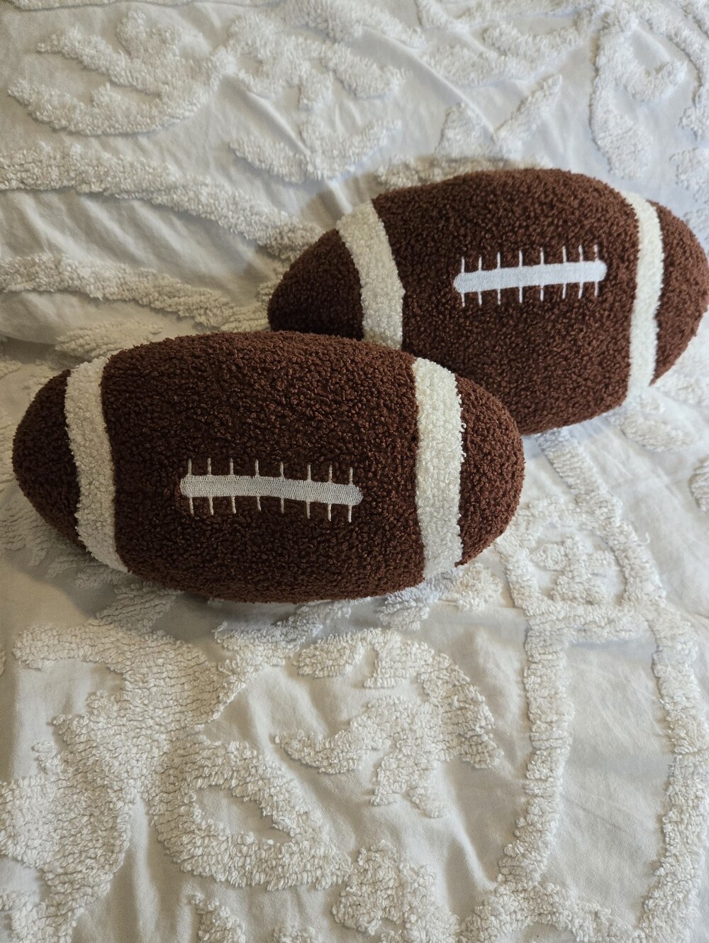 Soft Plush Football Throw Pillow Pair - Brown and White Sports Decor Themed Room